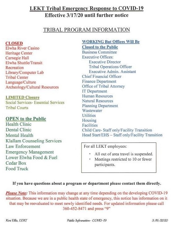 LEKT Tribal Emergency Response to the COVID-19 (coronavirus)